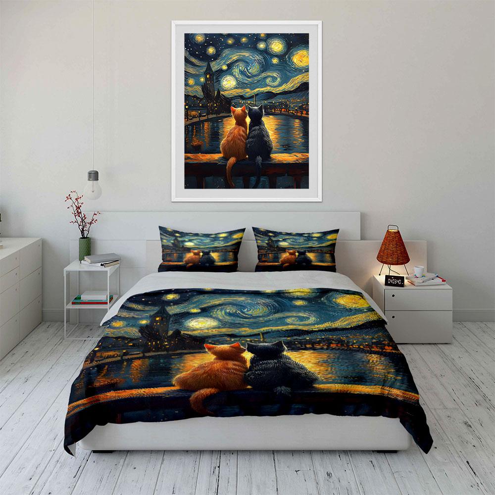 Cats under starry sky. Bedding sets Duvet cover sets Duvet covers Pillowcases(1* Duvet Cover 2* Pillowcases without duvet insert)