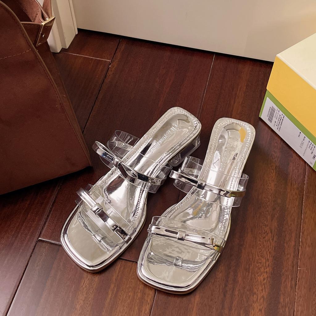 French transparent crystal thick heel sandals female 2025 summer fairy style bow with sandals outside