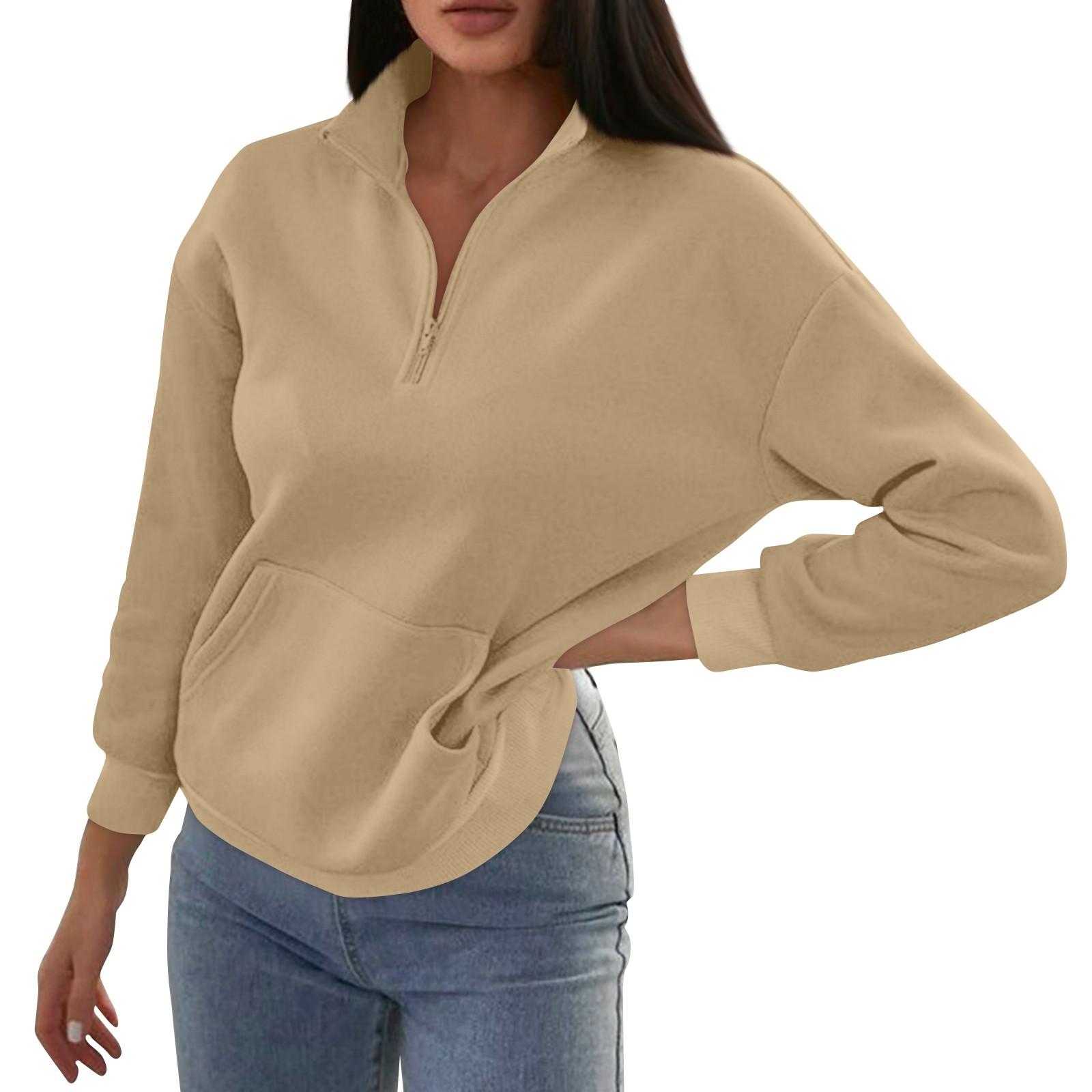 

Женская модная осенне-зимняя однотонная повседневная толстовка с карманом на молнии и воротником-стойкой XXL хаки