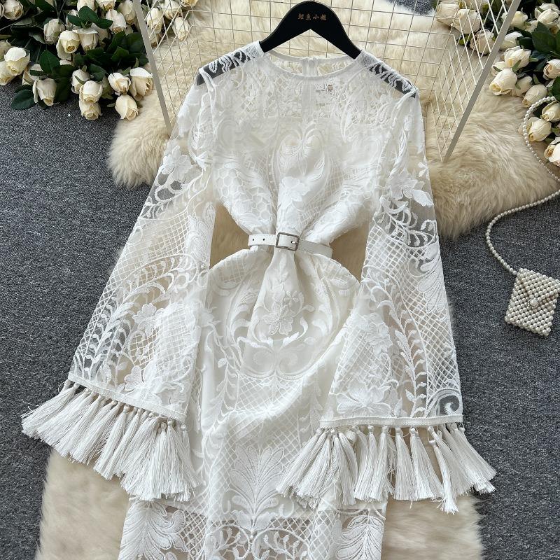 Mesh Dress with Spring Flared Sleeves for Women's Wear and A Hollowed-out Hook-flower Tassel Dress