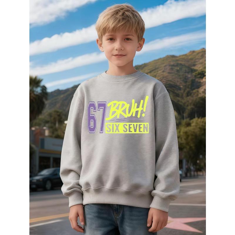 Kids Unisex Crewneck Sweatshirt, Retro 67 BRUH SIX SEVEN Letter Print Long Sleeve Pullover, Boys Girls Casual Sweatshirt For Kids Over 4 Years Old