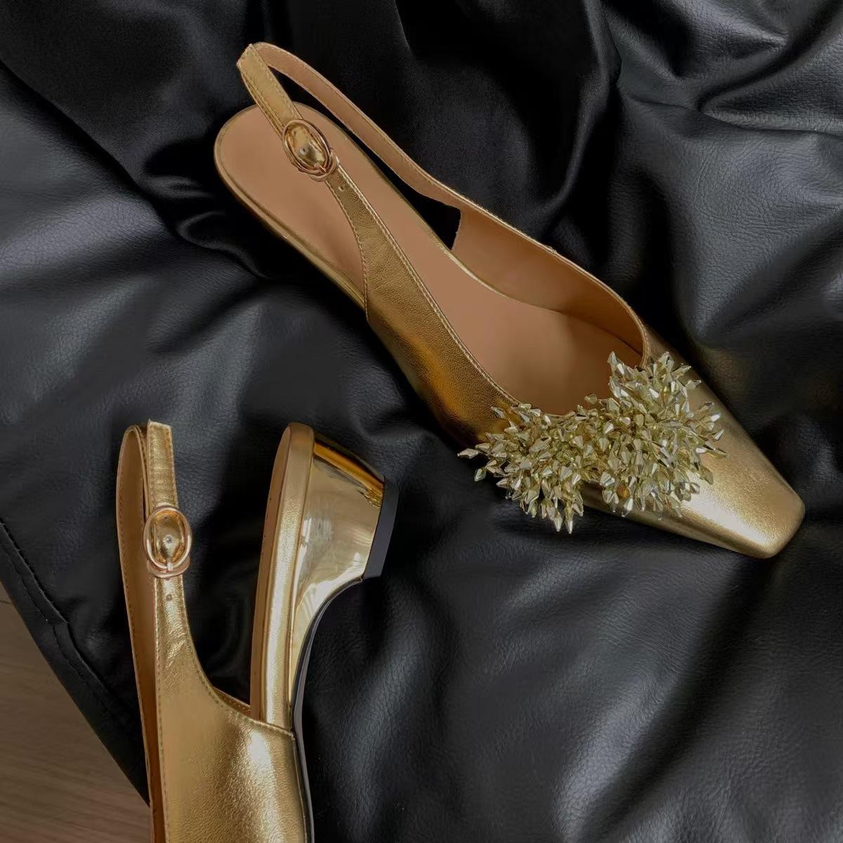 

Sheepskin version~ French new shallow mouth square head evening shoes women s black temperament after fireworks, tripple strap bag head sandals 40 золотой