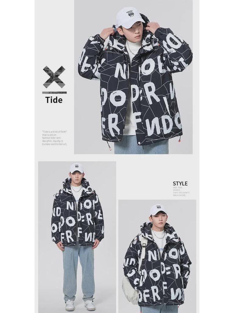 Amerikanischer Stil Herren Baumwollmantel mit Kapuze - Neuer Wintertrend, Buchstabenprint, Lockere Passform, Stilvoll für Teenager und Studenten