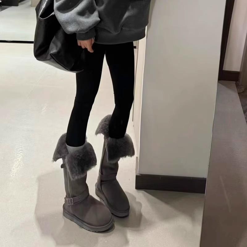 Graue Schneestiefel Damen 2025 neu retro runde Zehenpartie Schneestiefel flacher Boden Samt mittelhoher Schaft Schneeplüsch Baumwollschuhe Damen