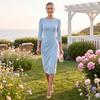 Women’s Fitted Ruched Dress with Three Quarter Sleeves Elegant Midi Cocktail Dress Crew Neck Formal Office Wear