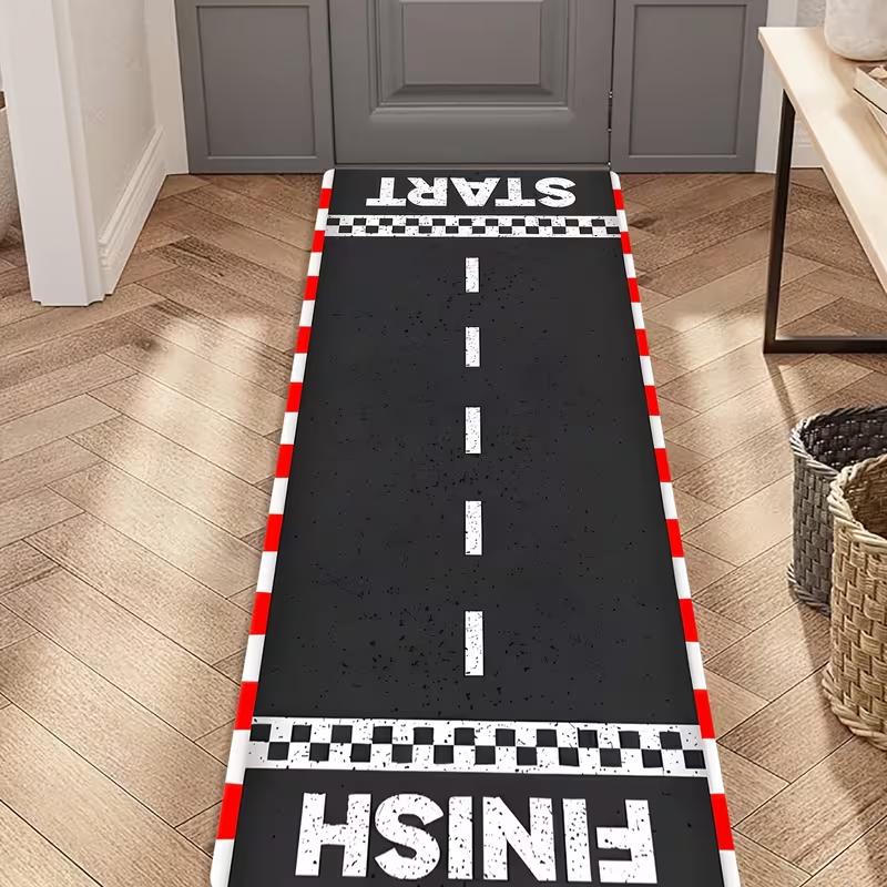 

Red White Trim Race Track Start Finish Long Runner Rug Non Slip Hallway Entryway Carpet Wear Resistant Kids Playroom Decor Mat 40X120CM