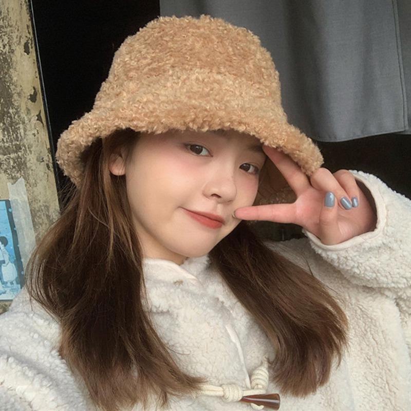 

Winter Women Faux Fur Bucket Hat Outdoor Warm Lamb Black Solid Fluffy Fishing Cap