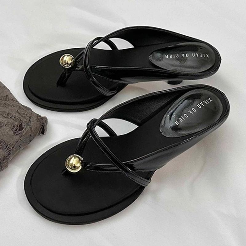 Fashion Luxury Metal Decoration Brand Slippers Women Fashion Cross Tied Kitten Heel Designer Shoes Comfortable Clip Toe Beach Flip Flops