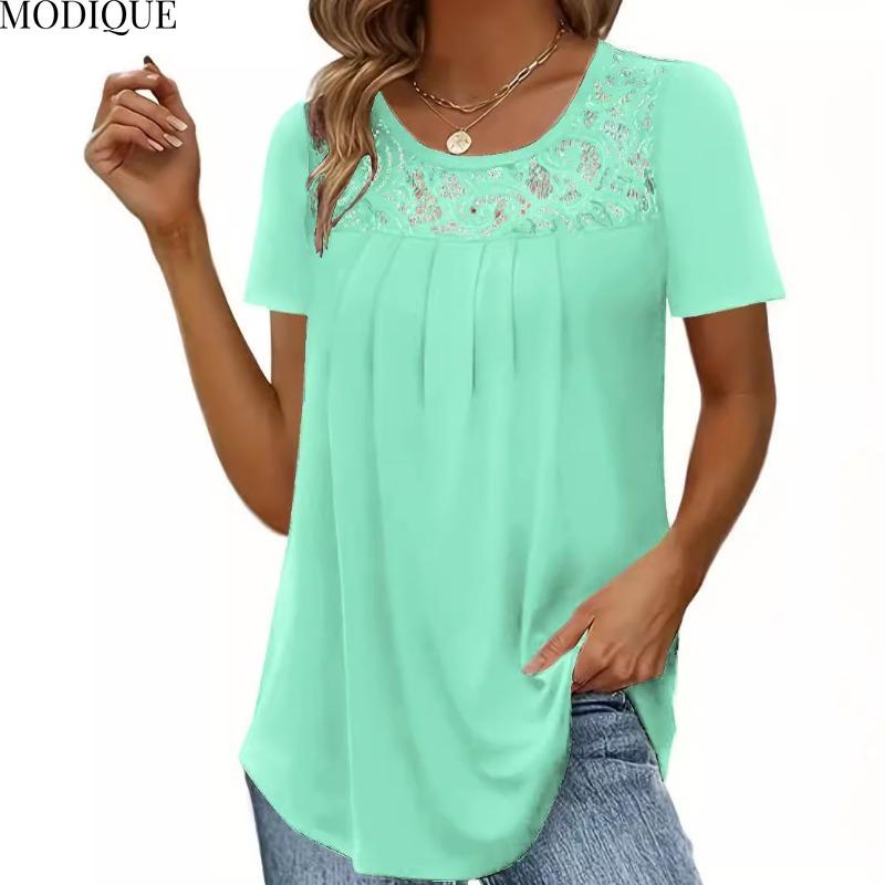 MODIQUE 2025 Summer Plus Size New Women's Minimalist Hollow-out Lace Solid Color T-Shirt Ladies Casual Short Sleeve O-Neck Top