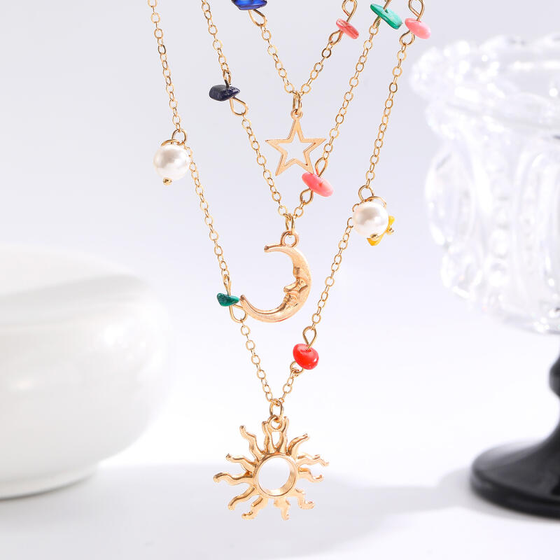 Boho Sun Star Moon Colorful Stones Necklaces for Women Men Multi Layer Stacking Pendant Necklaces Holiday Jewelry Accessories