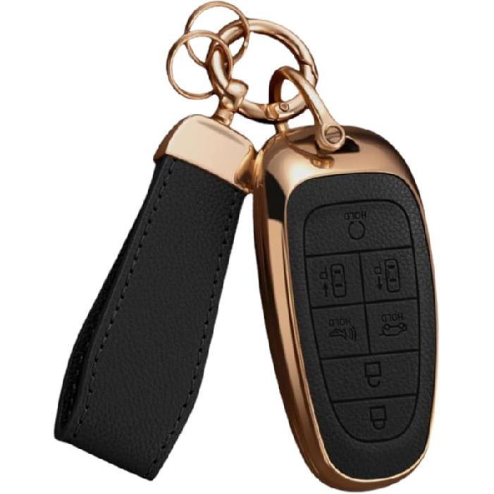 Key Fob Cover For Hyundai With Key Chain, Upper Leather + Soft TPU Car Key Case Shell For 2024   Hyundai Sonata Santa Fe Nexo Tucson (5 Buttons,
