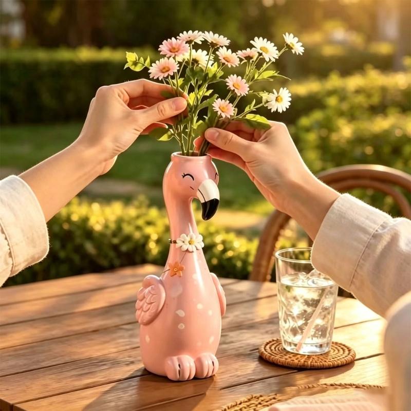 Cartoon Flamingo Decorative Vases In Resin, Whimsical Long Neck Bird Figurine for Styling Shelves, Desks, and Nightstands Displays