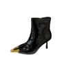 2025 Designer Pointed High-heeled Fashion Short Boots Women's Metal Head Splicing White Short Boots Women's Texture Thin Boots