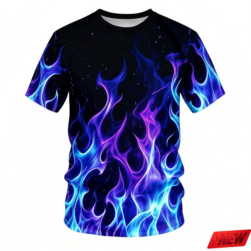 Men's 3D Color Flame Printed T-shirt for Summer Casual and Comfortable Short Sleeved Top, Fashionable Street Round Neck Clothing