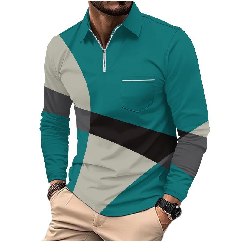 Men's Printed Polo Shirt with Zipper Pocket Sports Long Sleeved Polo Shirt