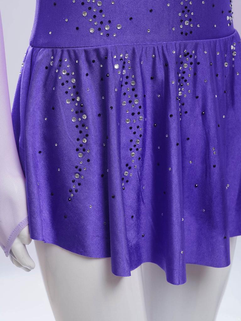 Jenter Skøytekjoler Dansedrakter Mock Neck Langermet Fargeblokk Gjennomsiktig Mesh Patchwork Skinnende Rhinestones Kjole
