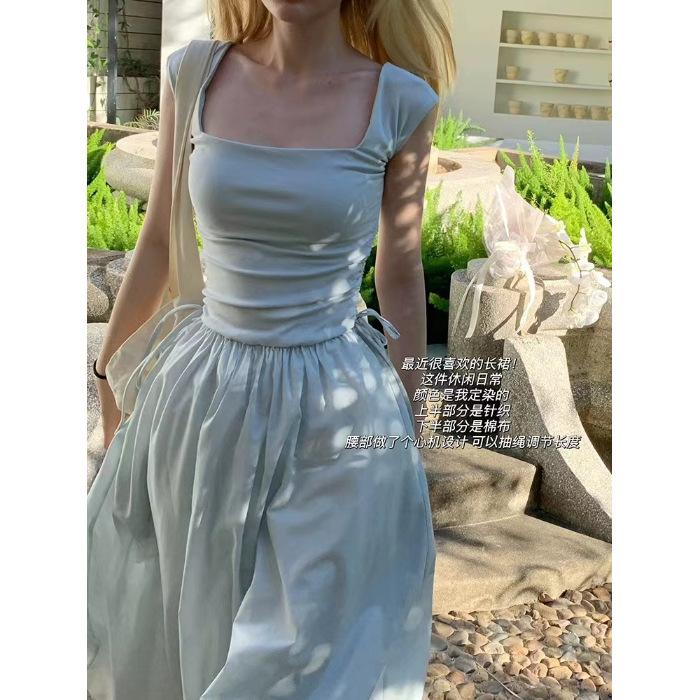 

Spring and summer new minimalist style high waist and thin hollow square neck splicing knitted long dress women S синий