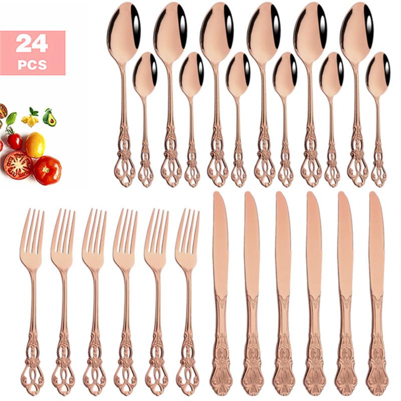 24PCS Vintage Tableware Cutlery Set Dinner Knife Fork Spoon Flatware Set Western Style Luxury Engraving Dinnerware with Rack Set
