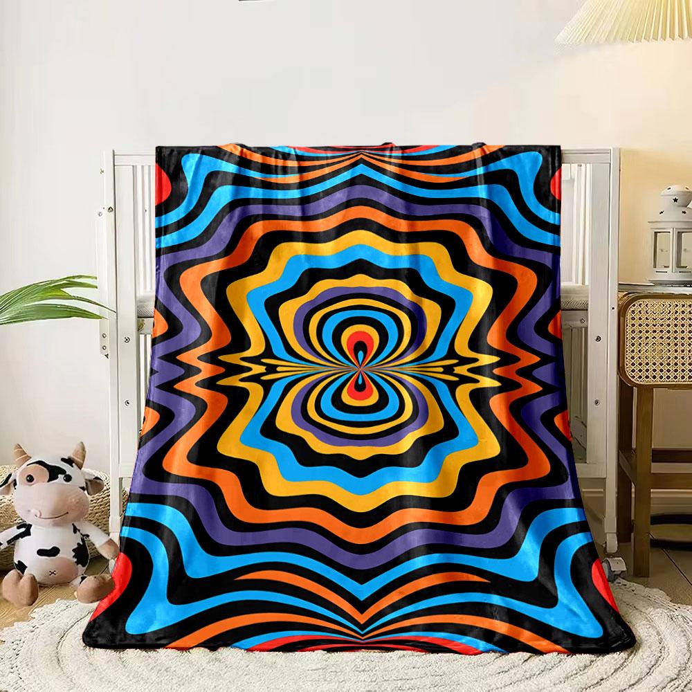 Wavy, colorful concentric ripples radiate symmetrically against a black base. for all seasons blanket lunch break throw gift