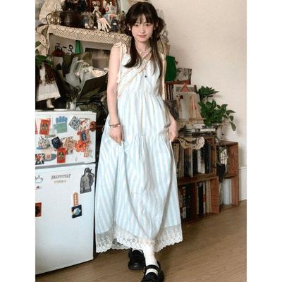 Women's Seaside Stripe Spaghetti Strap Maxi Dress - 2025 Summer French Style, Loose Fit, Petite