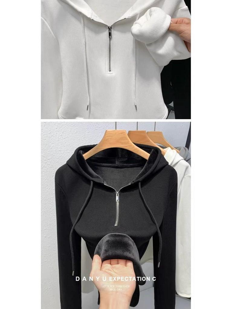 Women's Silver Fox Fleece-Lined Hooded Half-Zip Slim-Fit T-Shirt for Autumn/Winter 2025.