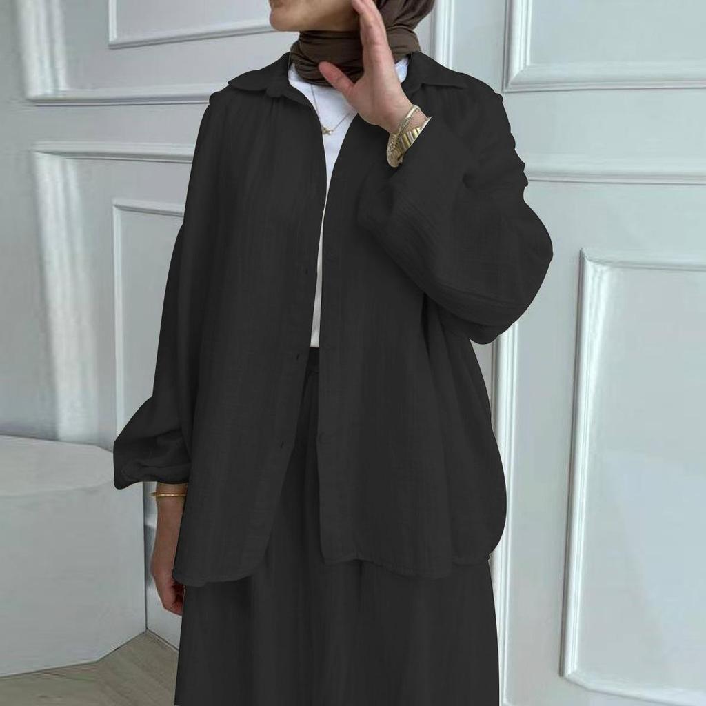 2024 Muslim Middle Eastern Women's Puff Sleeve Shirt and Skirt Casual Suit