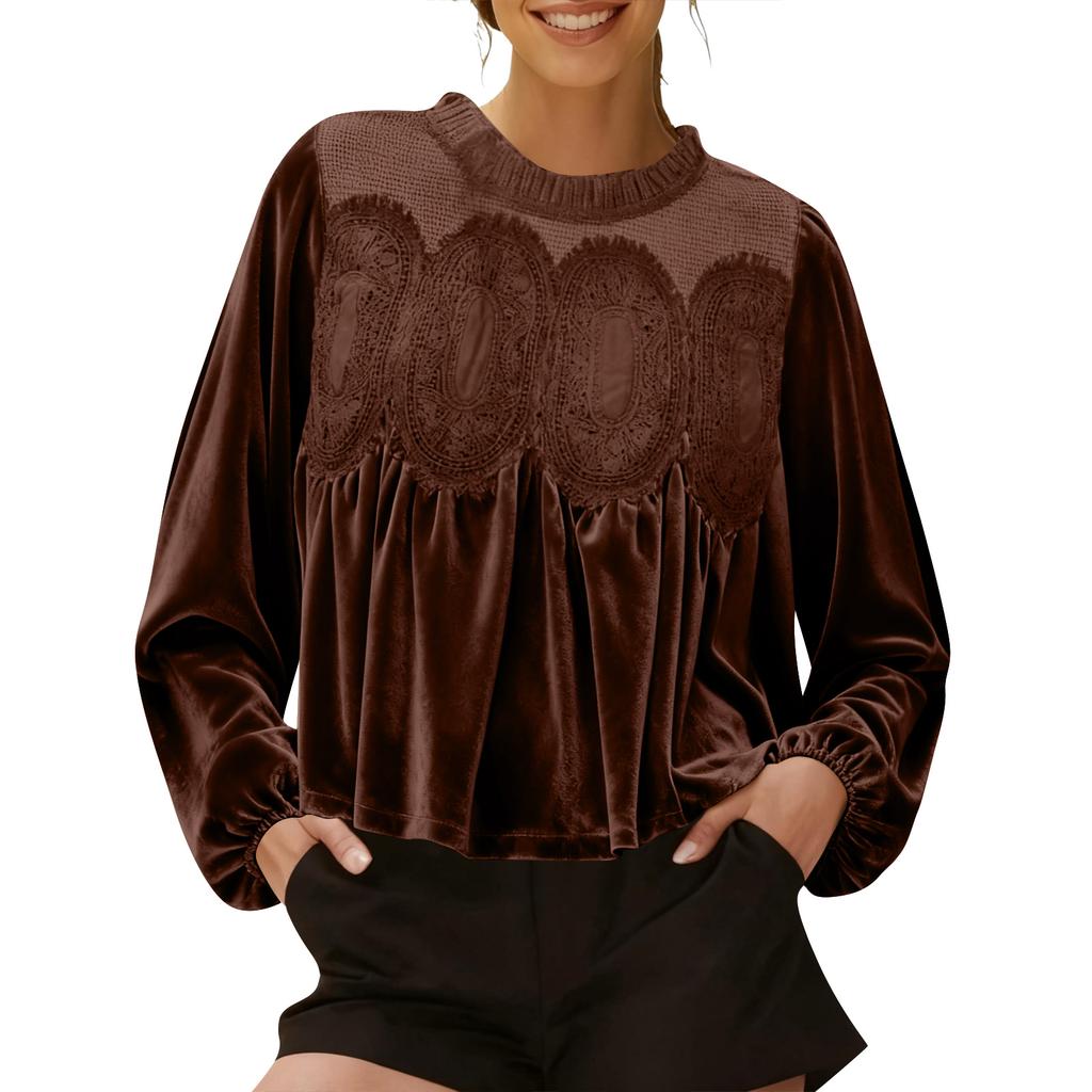 Loose-fitting, Slimming Mid-length Long-sleeved Solid Color Top With Mesh And Velvet Splicing