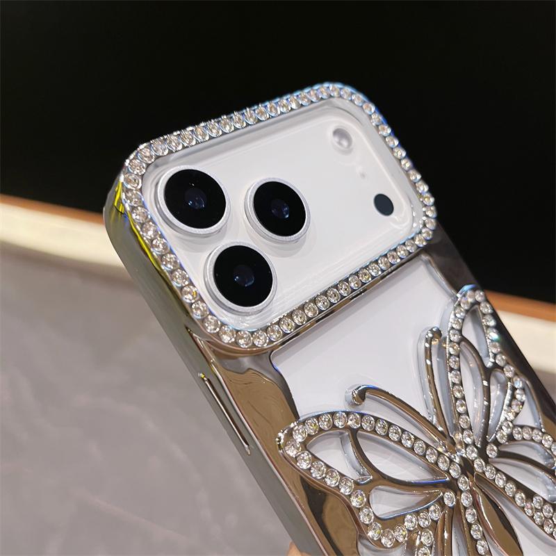 Luxusní pozlacený třpytivý diamantový dutý motýlí kryt na telefon pro IPhone 17 Air 16 15 14 Plus 13 12 11 Pro Max Nárazuvzdorný TPU kryt