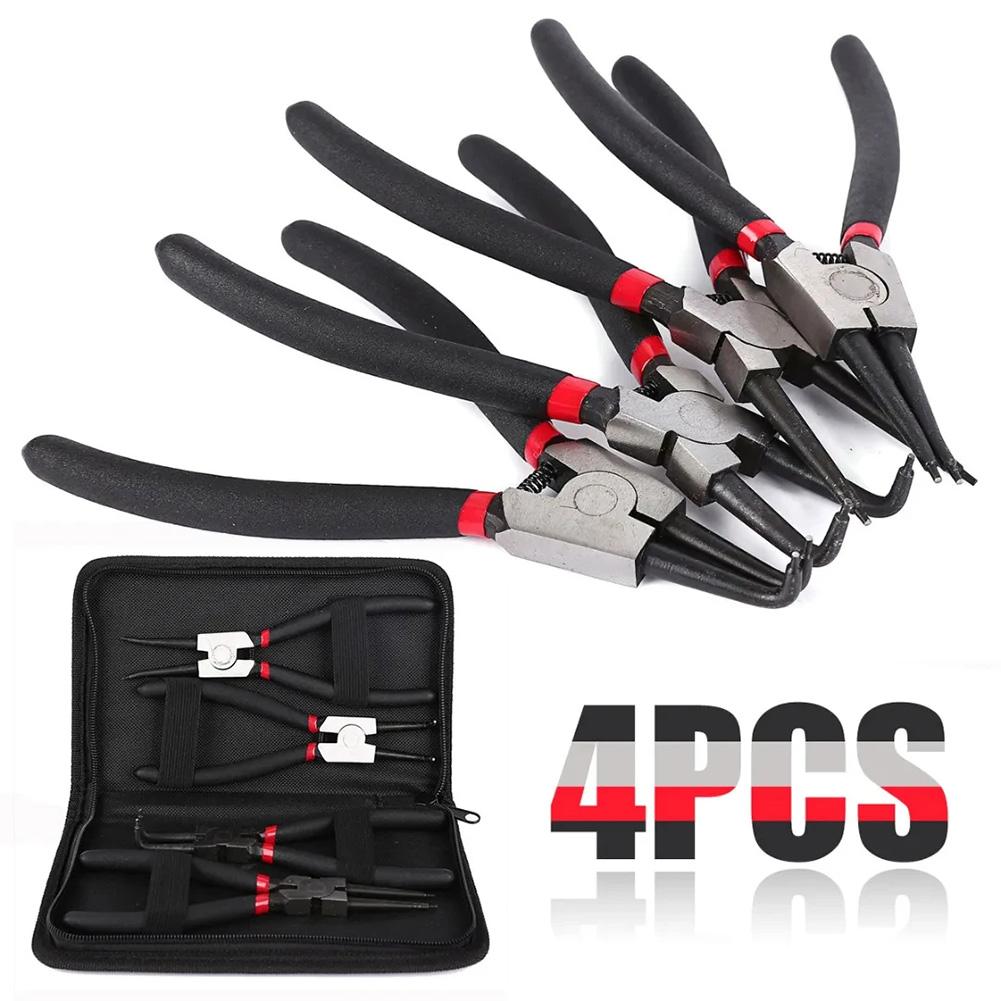 7 Inches Long Nose Plier,4Pcs Circlip Plier Set,Inner Outer Staight Bent,Plier Retaining Snap Ring Remover Tool