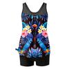 Tankini Swimsuits for Women Modest Two Piece Blouson Bathing Suit with Shorts Tropical Print Full Coverage Swimwear