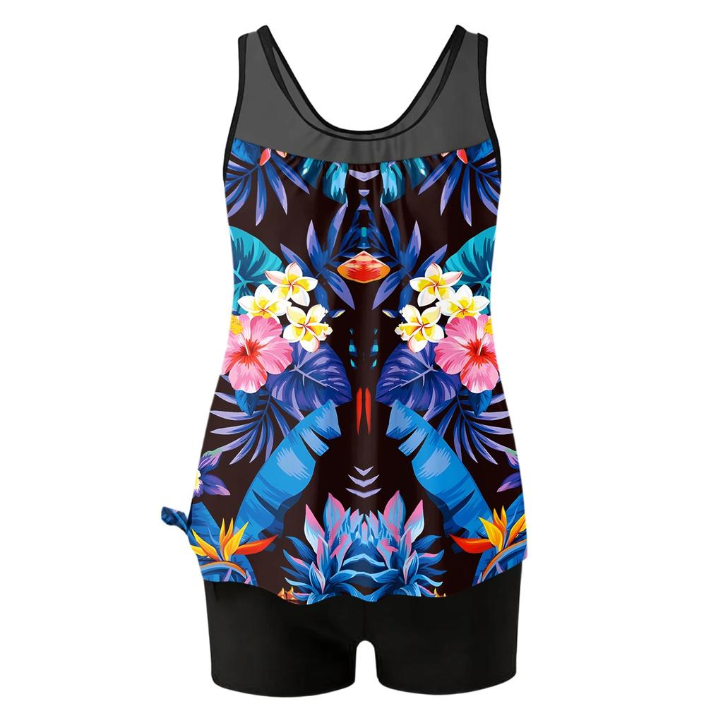 Tankini Swimsuits for Women Modest Two Piece Blouson Bathing Suit with Shorts Tropical Print Full Coverage Swimwear