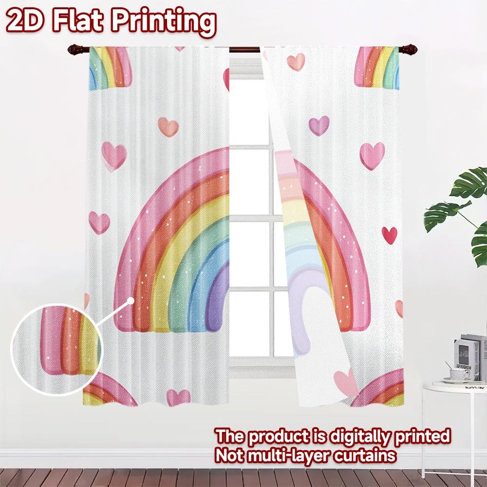 2D flat printing 2pcs Curtain Curtains Pastel Rainbow with Hearts Digital Printed Polyester Drapes Holiday Decorations for