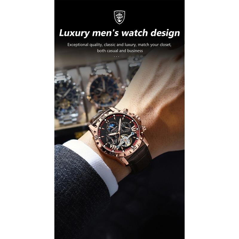 POEDAGAR Luxury Automatic Wristwatch Waterproof Luminous Date Week Leather Men Watch Tourbillon Mechanical Fashion Watches