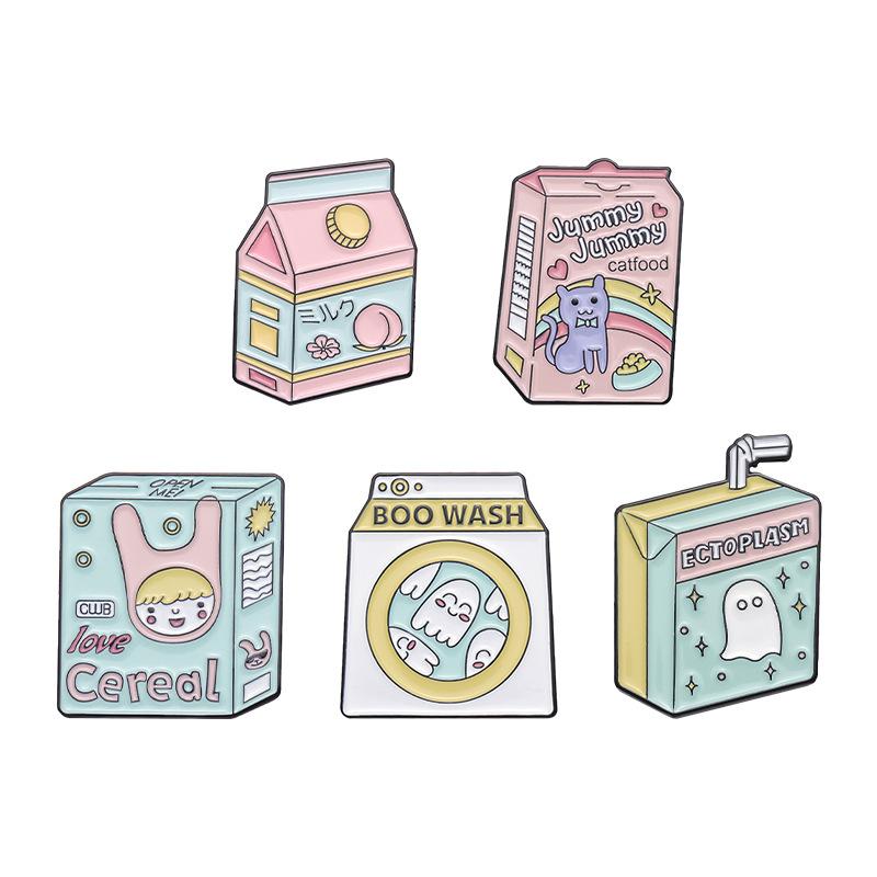 Trendy Box Milk Drink Style Brooch With Adorable Cat Graphic And Alphabetic Motifs