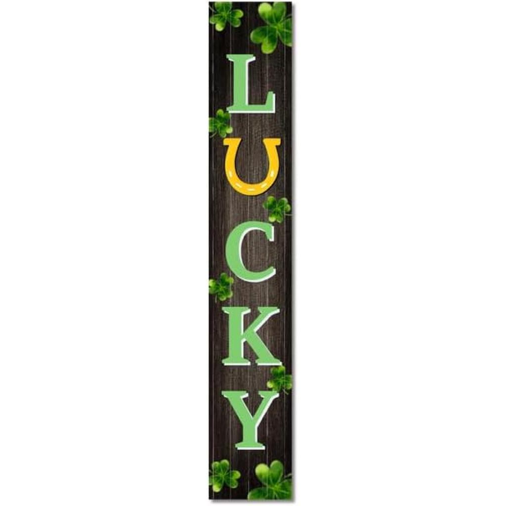 St. Patrick's Wooden Porch Decor 8”x48” Lucky Sign with Shamrock Porch Leaner Welcome Porch Sign for St. Patrick's Day Standing Hanging Home