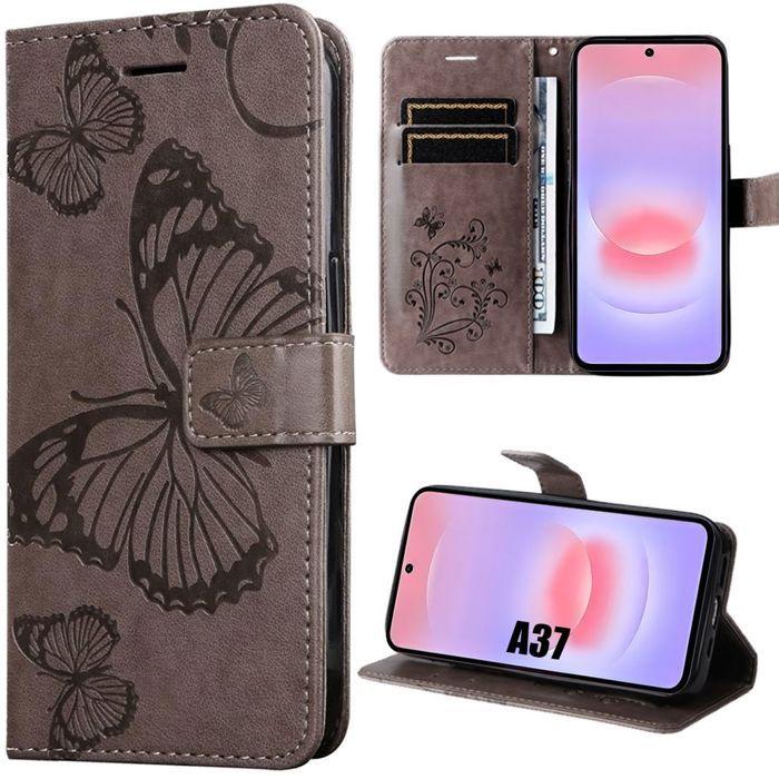 Coque pour Samsung Galaxy A37 5G, Protection Anti-Rayures Effet Cuir Marron avec Motif Papillon