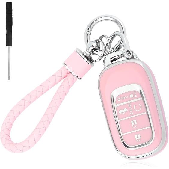 5 Button Key Fob Cover,TPU Key Fob Case With Keychain,Car Key Cover Pink Car Accessories Compatible With Honda