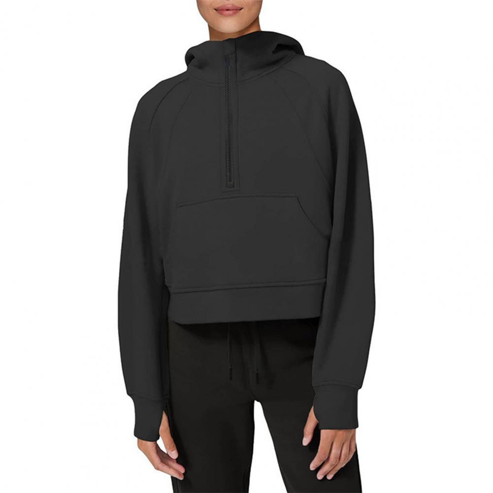Stand Collar Long Sleeve Front Pocket Zipper Half Placket Thumbhole Design Fleece Lining Women Hoodie Autumn Solid Color Loose H