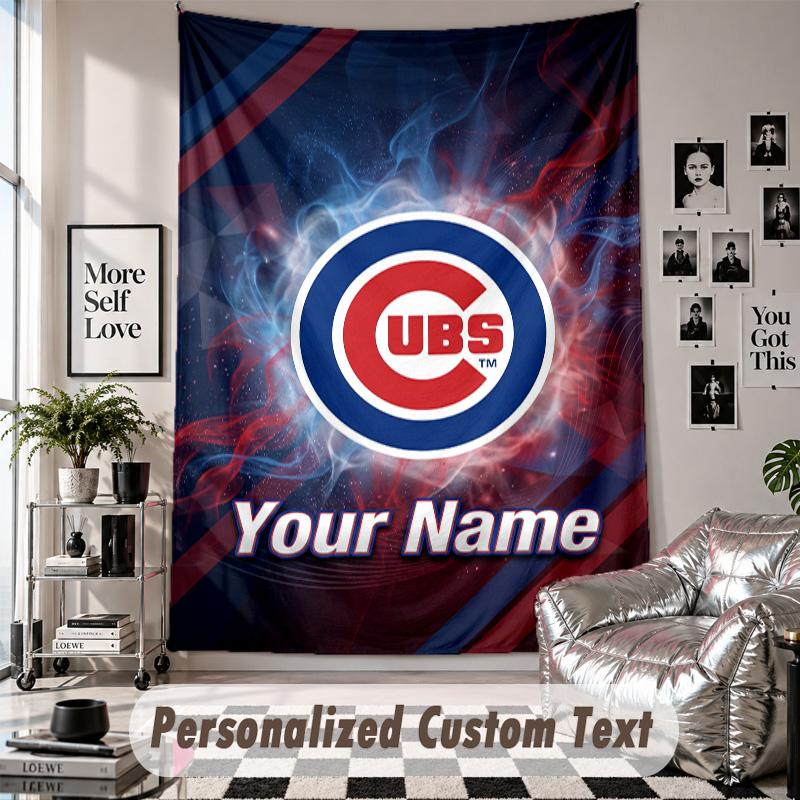 Wall Hanging Tapestry With Custom Name & Text, Chicago Cubs Decorative Tapestry For Bedroom