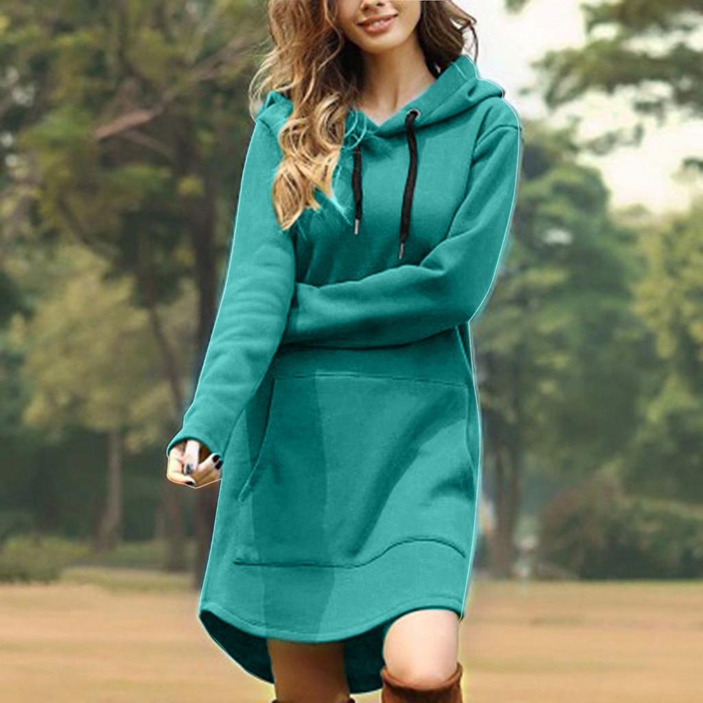 Women Long Length Loose Casual Solid Drawstring Hoodie Pullover With Big Pocket