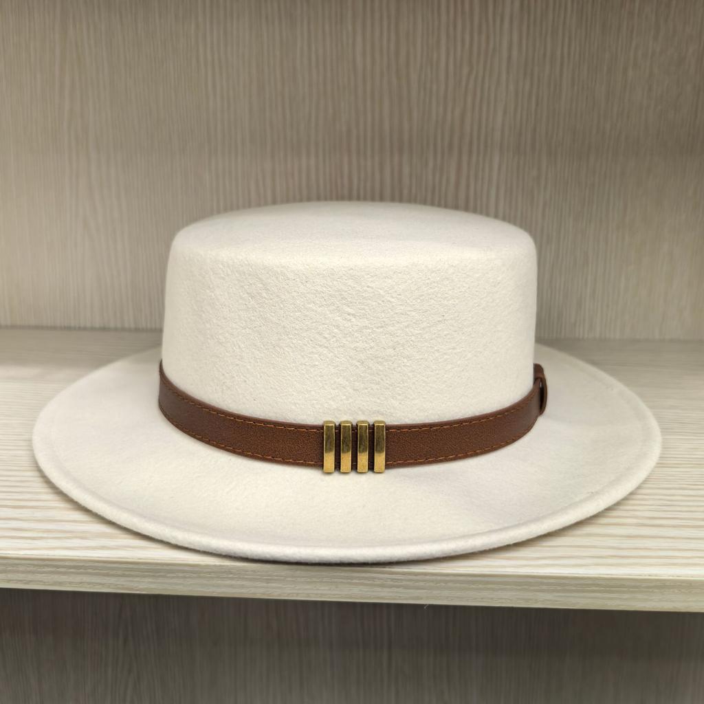 Flat top hat autumn and winter woolen hat retro British style temperament wide brim coffee top hat wide brim design