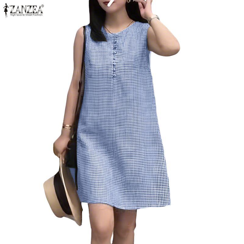 ZANZEA Women Casual Round Neck Summer Plaid Print Sleeveless Dress