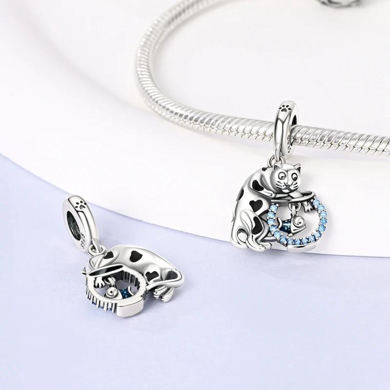 Charms Platacat Catching Fish Blue Zircon Beads Fit Originalbracelets Charms For Women Jewelry Diy Making Gifts