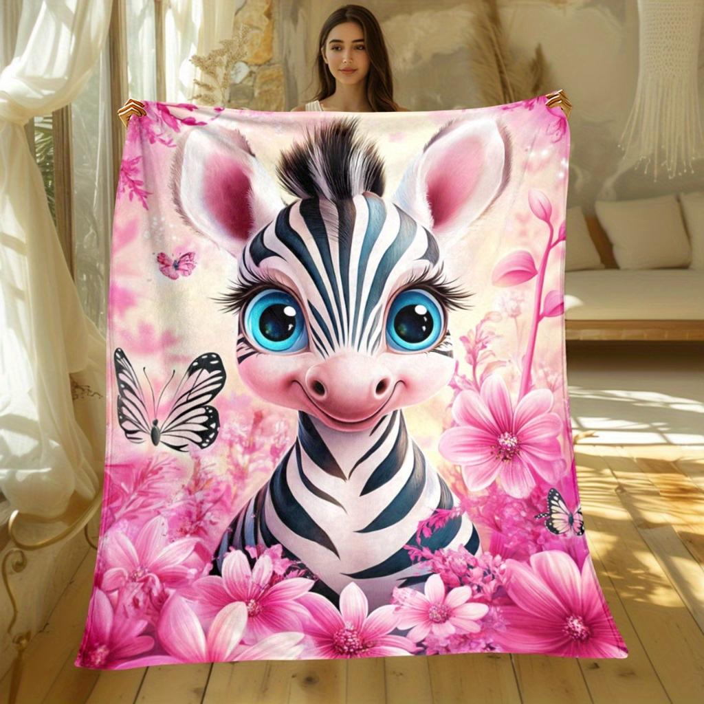 Cute Zebra Floral Fleece Blanket Pink Flowers Butterflies Animal Print Soft Flannel Throw Bed Cover Kids Room DecorGift forGirls
