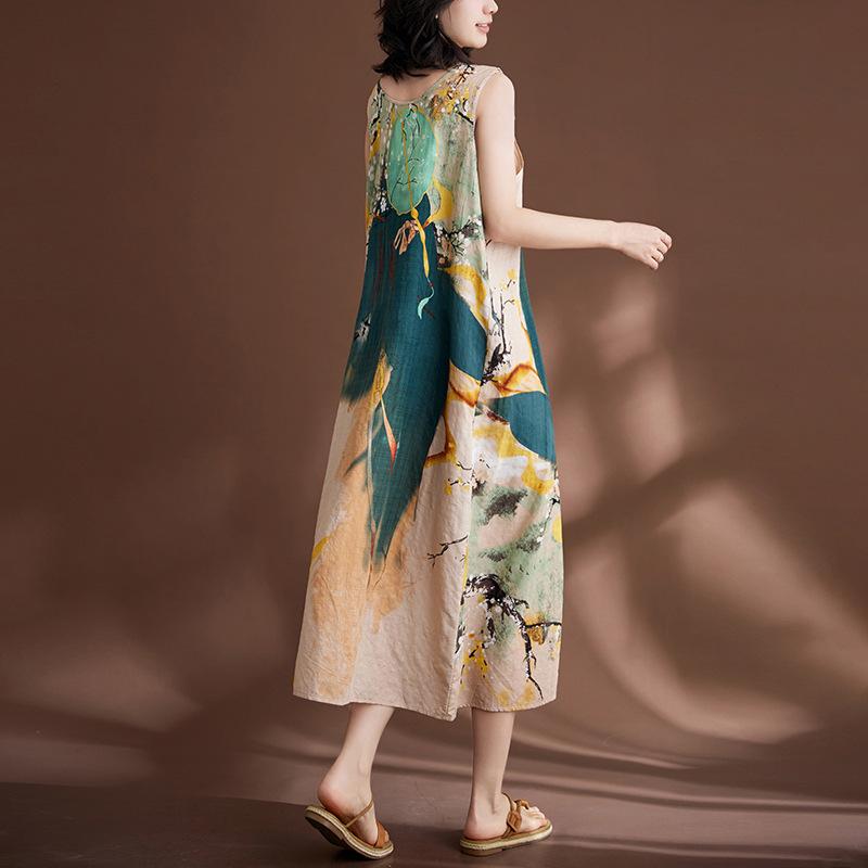 Sukienka Plus Size dla kobiet Bambusowa bawełniana lniana styl wiejski Świeże pozycjonowanie Sukienki z kamizelką w kwiaty