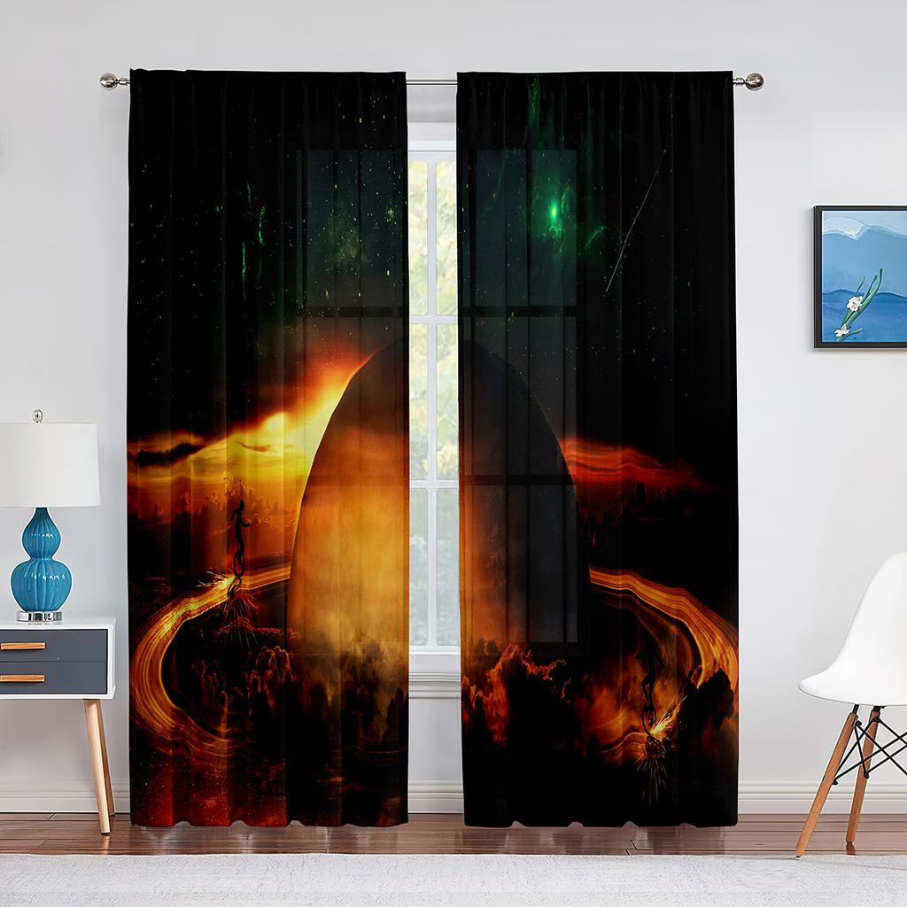Solar System Outer Space Sheer Voile Curtain for Living Room Bedroom Decor Planet Galaxy Glitter Fantasy Window Tulle Curtains