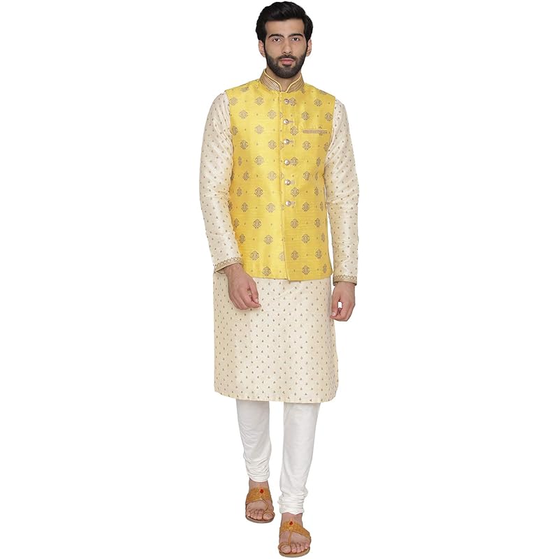 Manyavar Men's Art Silk Jacket (JAC149_Yellow_M)