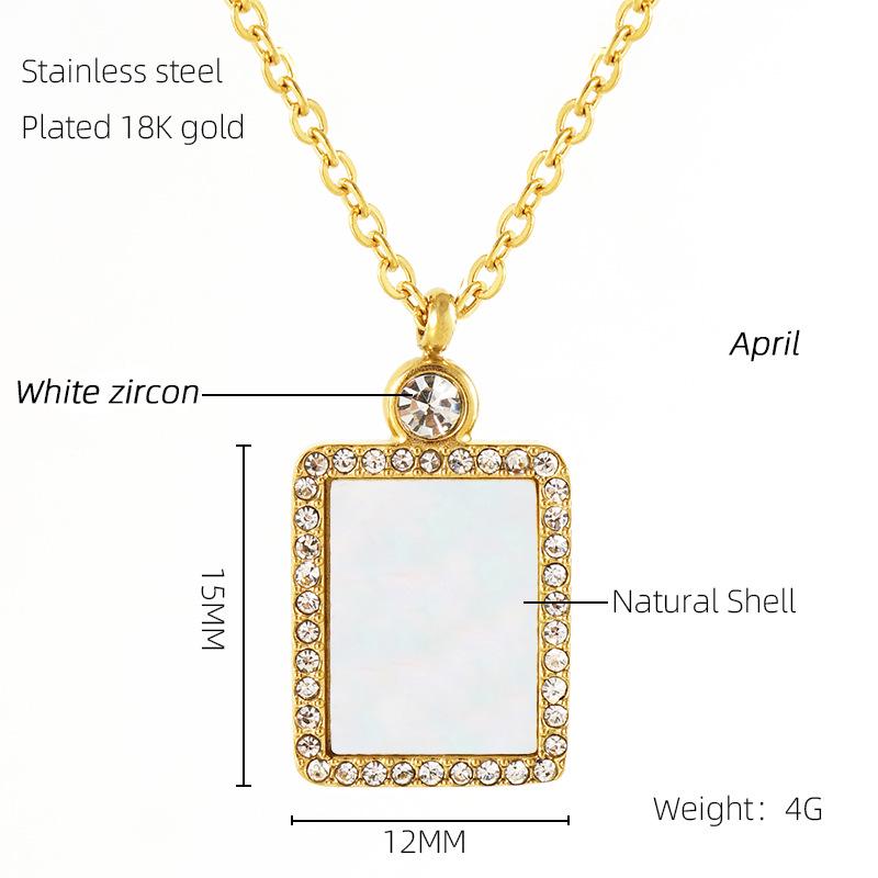 18K Titanium Steel Birthstone Pendant Necklace with Square Shell Design for Women
