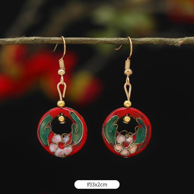 Chinese retro cloisonne enamel earrings female classical temperament simple flower earrings niche design earrings