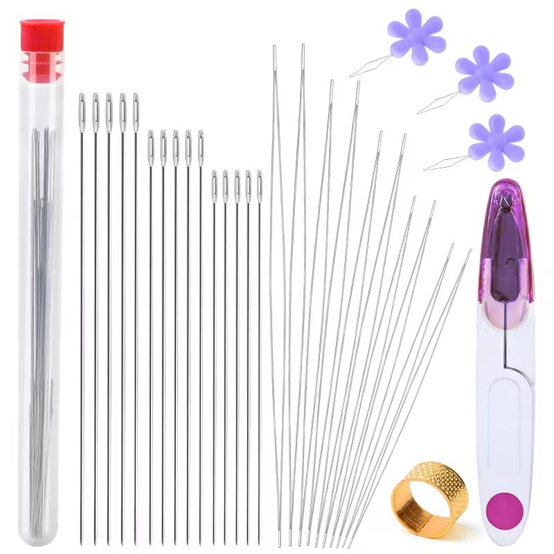 Fenrry 1Set Central Opening Curved Beading Needles Stainless Steel Tools Pins for Bead Threading String Cord Easy Jewelry Making